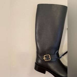 Coach Black Knee-High Leather Boots with Gold Buckle
